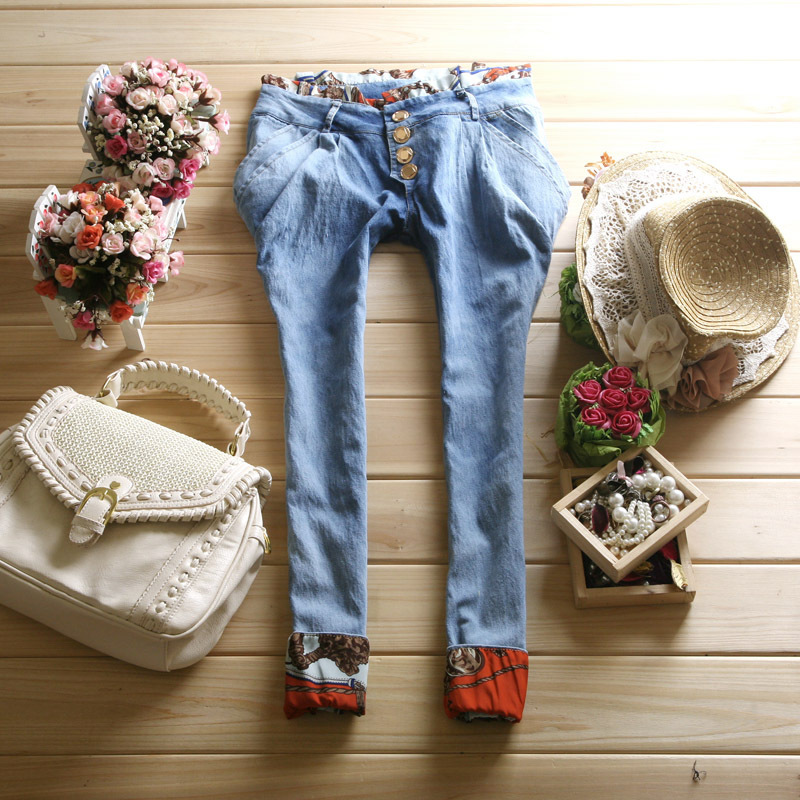 2012 summer women's patchwork chiffon lotus leaf laciness jeans ankle length trousers capris