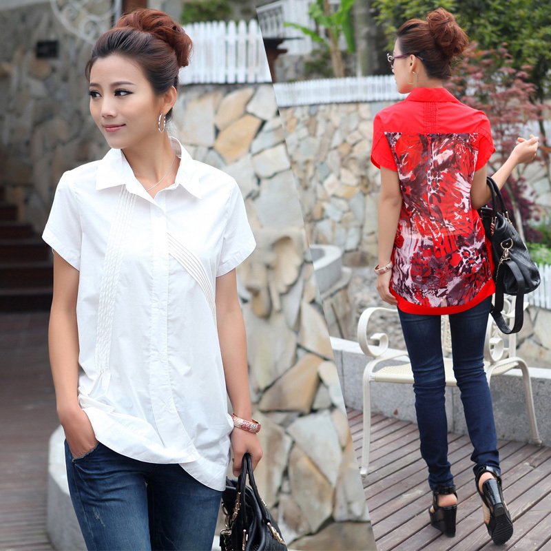 2012 summer women's plus sizecasual chiffon turn-down collar short-sleeve shirt