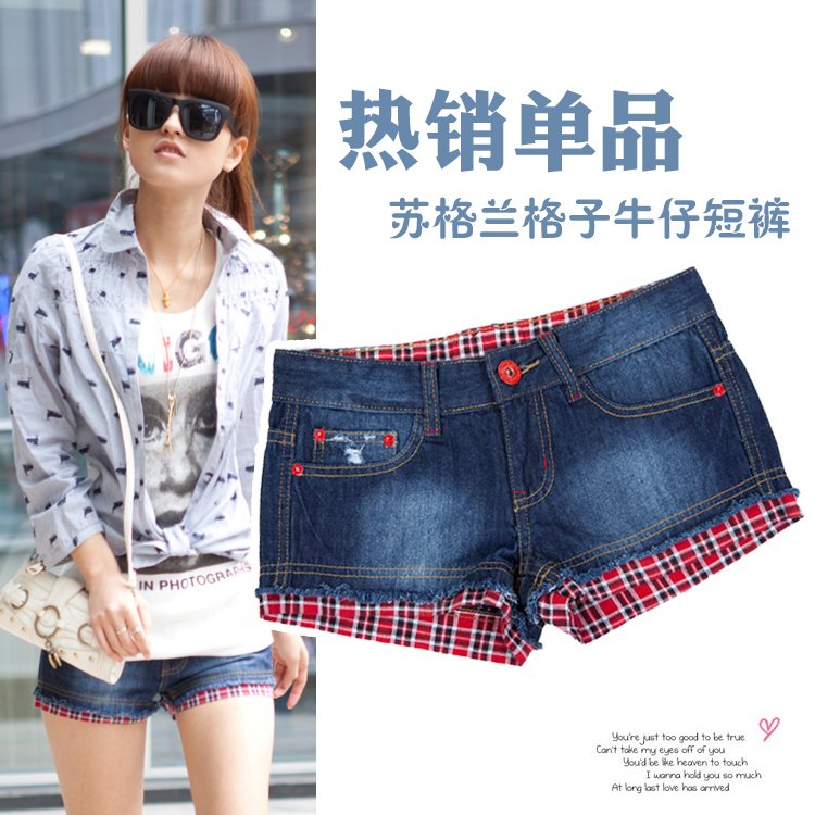 2012 summer women's popular classic plaid denim shorts