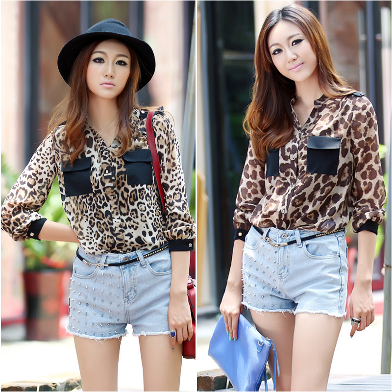 2012 summer women's shirt leopard print silk compound shirt epaulette color block decoration fashion shirt