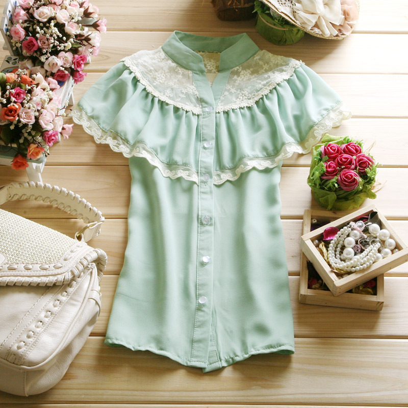 2012 summer women's sweet big ruffle collar stand collar chiffon shirt short-sleeve lace patchwork top