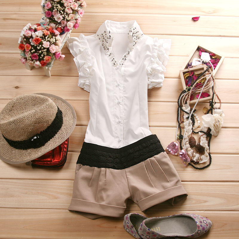 2012 summer Women turn-down collar lotus leaf laciness sleeveless pearl slim chiffon shirt cute shirt