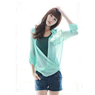 2012 sun protection clothing summer ultra-thin transparent chiffon shirt female air conditioning shirt sunscreen plaid shirt