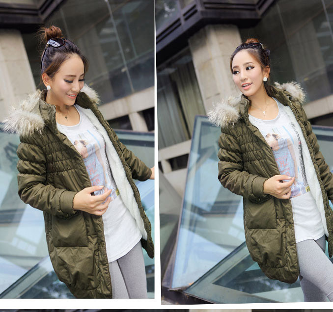 2012 Super quality women cotton-padded jacket medium-long raccoon fur rivet badge berber fleece liner Army Green cotton overcoat