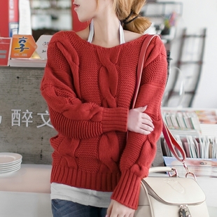 2012 sweater outerwear female loose thickening V-neck twisted vintage bat sweater female