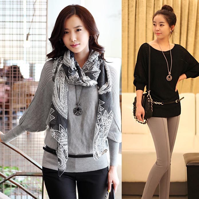 2012 Sweater Women Elegant Cutout Loose Batwing Sleeve HOT O-neck W832 Free shipping Black / Gray Knitwear