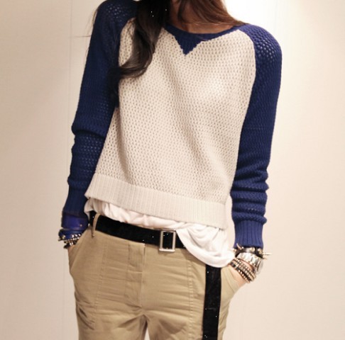 2012 sweet elegant o-neck raglan sleeve color block decoration cutout crotch all-match sweater