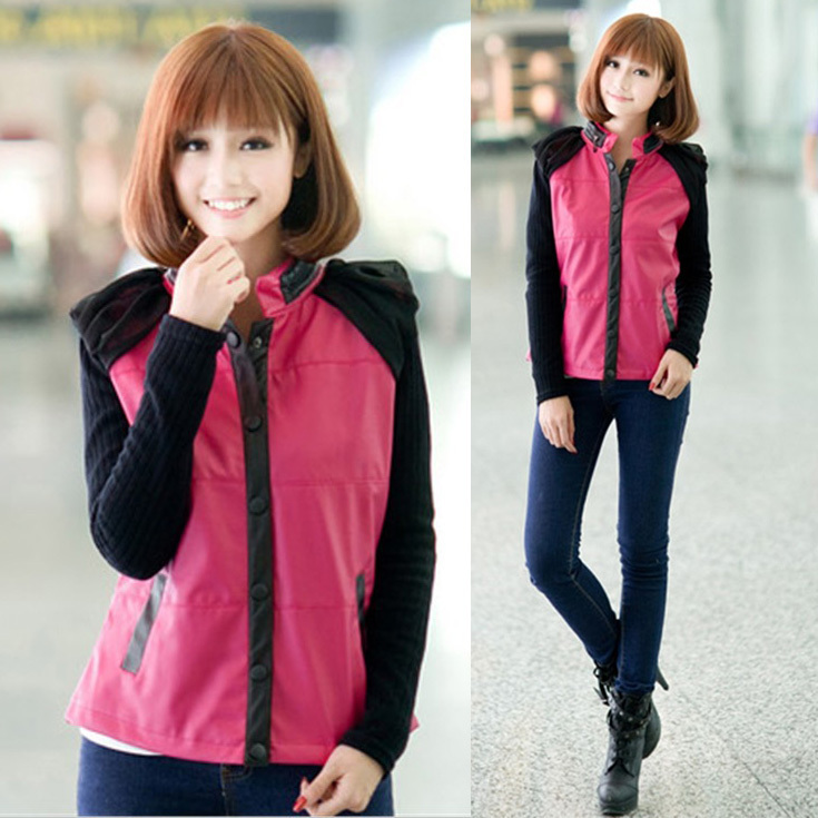 2012 sweet puff sleeve patchwork slim leather clothing motorcycle jacket stand collar short jacket female