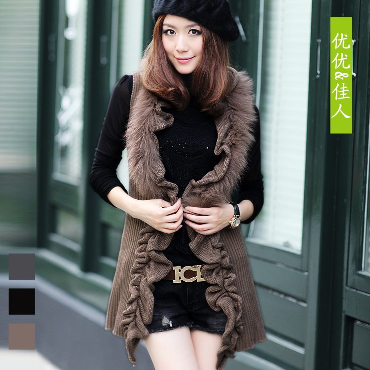 2012 swifter sleeveless fur collar ruffle medium-long straight slim sweater outerwear