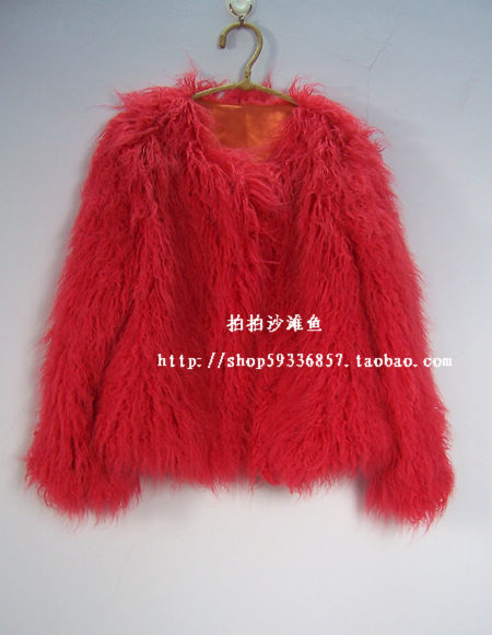 2012 tanhuang wool faux fur wool o-neck short design outerwear fur coat watermelon red