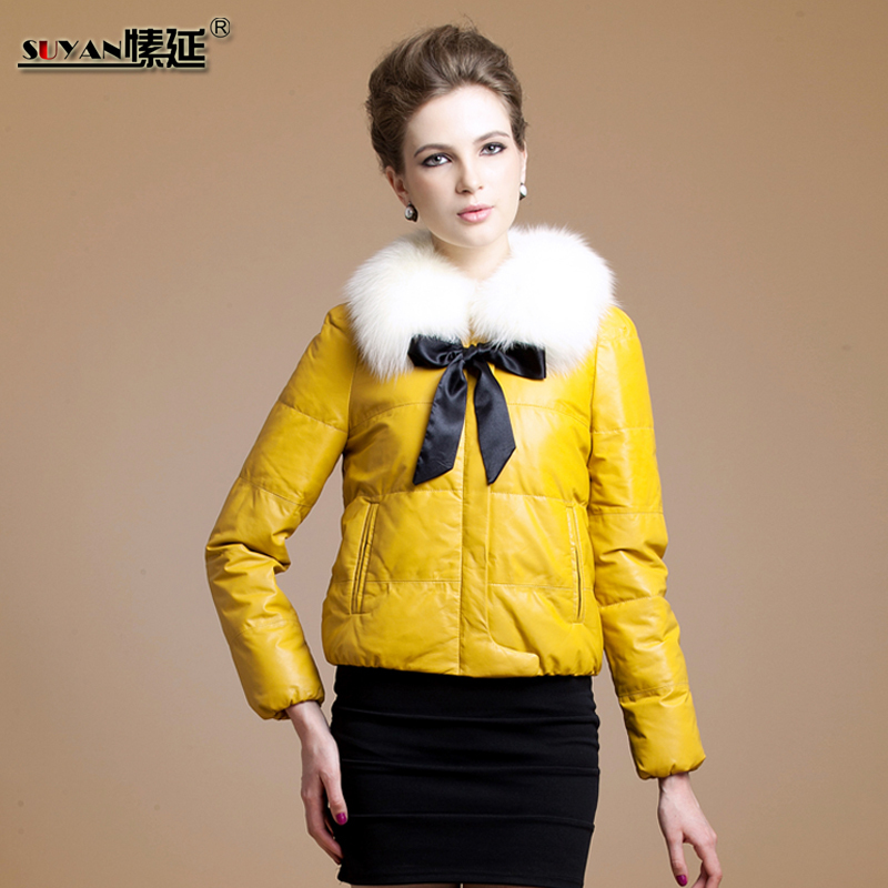 2012 the disassemblability fox fur lacing candy color genuine leather women's down leather clothing outerwear