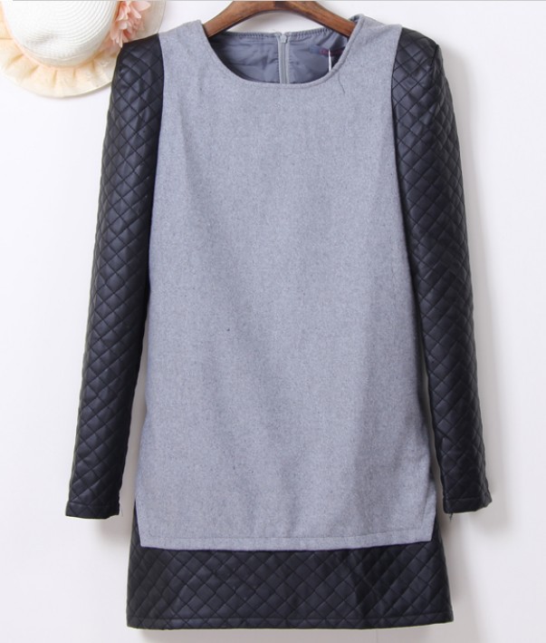 2012 thermal fashion leather patchwork woolen small color block long-sleeve dress