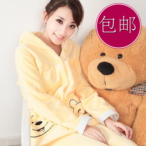 2012 thickening coral fleece sleepwear female winter cartoon set lounge WINNIE yellow