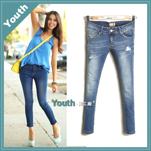 2012 thin blue hole denim female low-waist tights capris