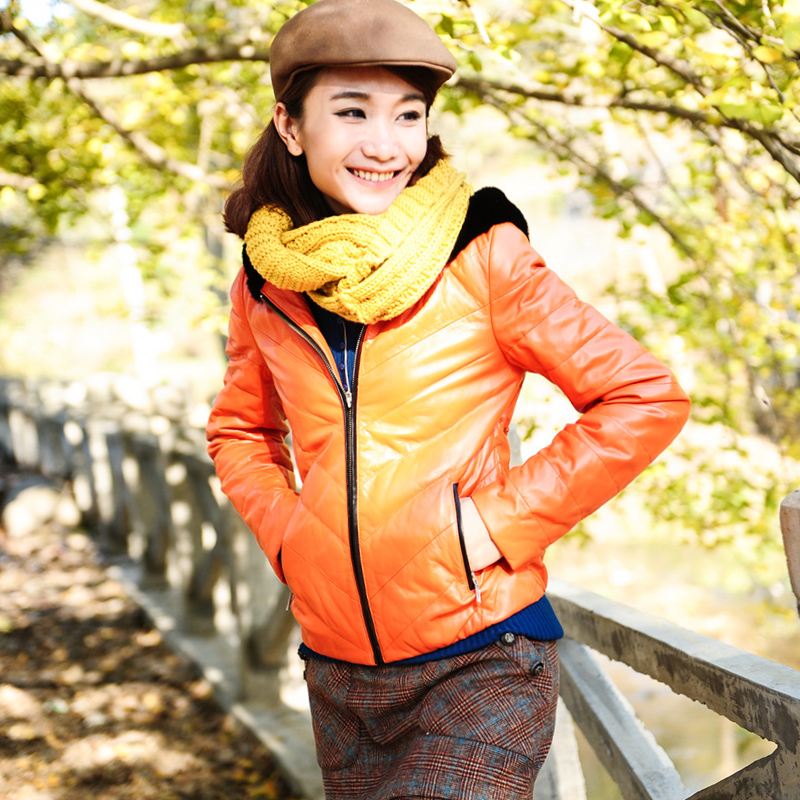 2012 thin with a hood short design fur collar slim genuine leather down coat female g1363