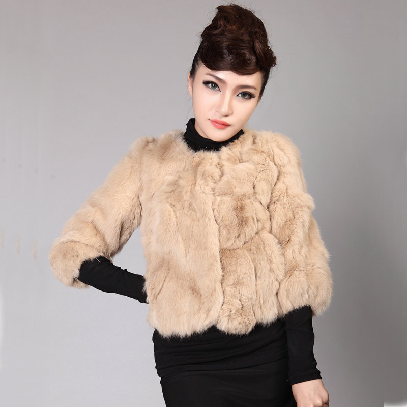 2012 three quarter sleeve o-neck high quality rabbit fur coat female formal