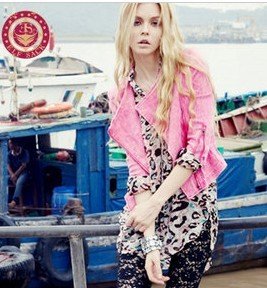 2012 time summer fashion motorcycle denim irregular slant collar pink outerwear blazer 1 one -piecePL12062914