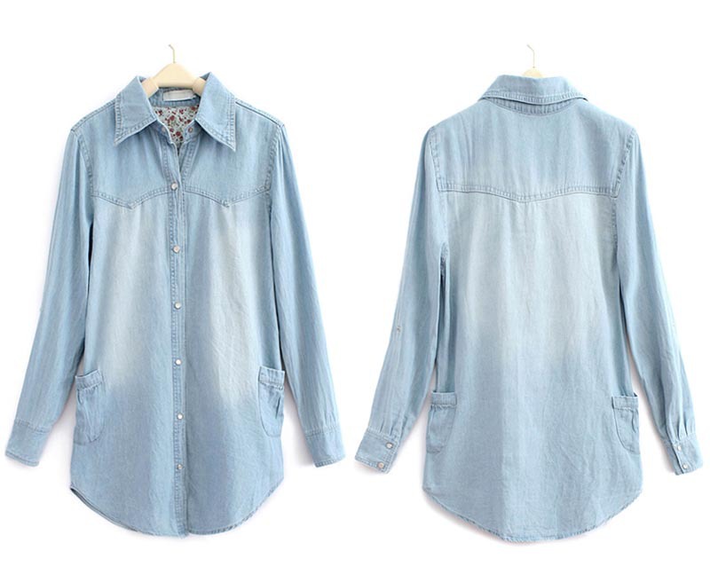 2012  top quality Pearl button flower Jeans Denim Shirt Below Pocket Long-sleeve Women's Outerwear Blouse 6 Size