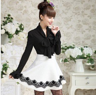 2012 tops Womens spring blouse lady fashion Shirts blouses/new fashion bowknot long sleeve chiffon Slimming shirt black white 07