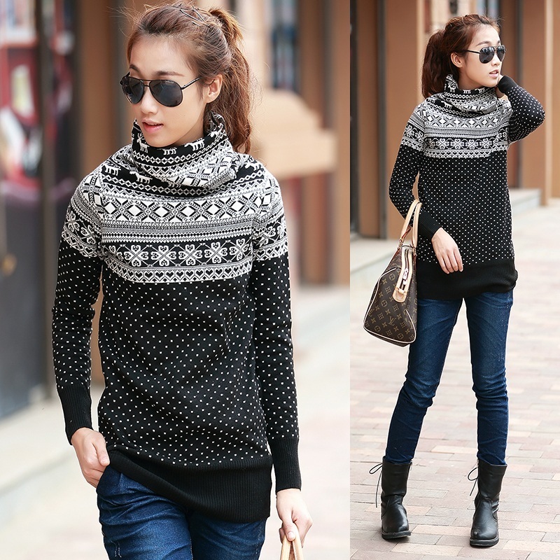 2012 turtleneck sweater female outerwear medium-long black basic sweater stripe pullover thickening sweater