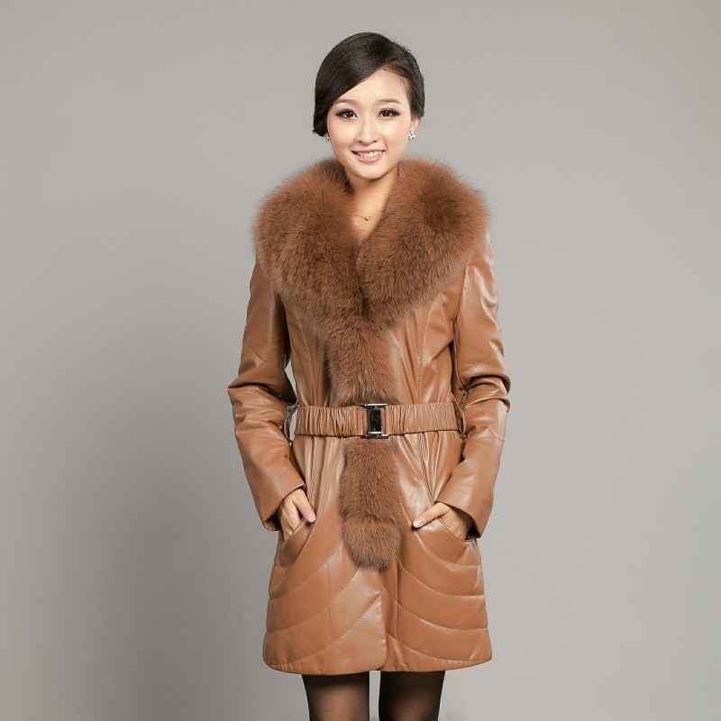 2012 ultralarge fox genuine leather clothing women's sheepskin long design plus cotton leather clothing