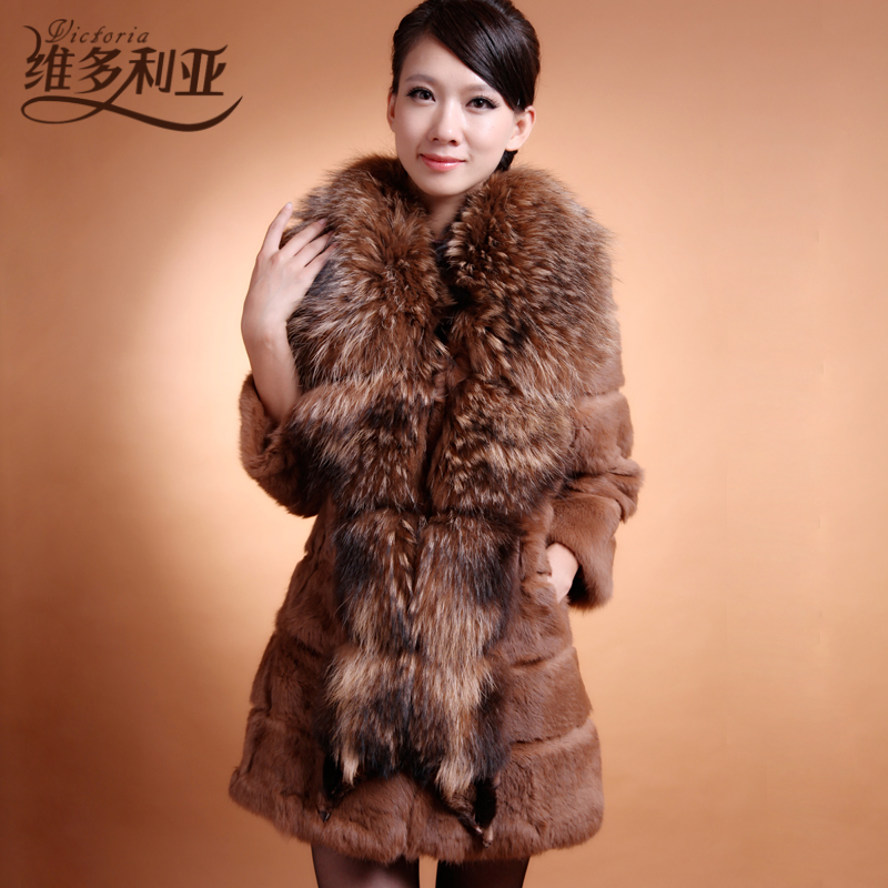 2012 ultralarge raccoon fur rabbit fur women's horizontal stripe medium-long outerwear