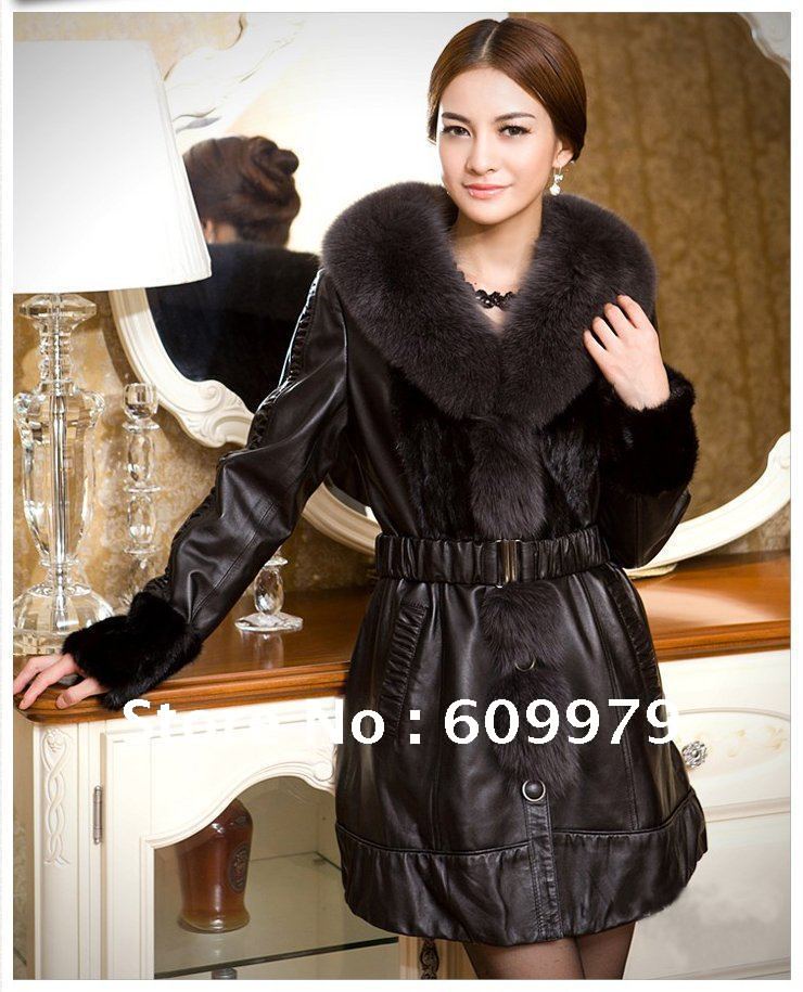 2012 Unique Design Fashion Lady Plus Size Lamb Fur Long Coat with Big Fox  Fur Collar FLF0143 Size of M, L, XL,XXL, XXXL