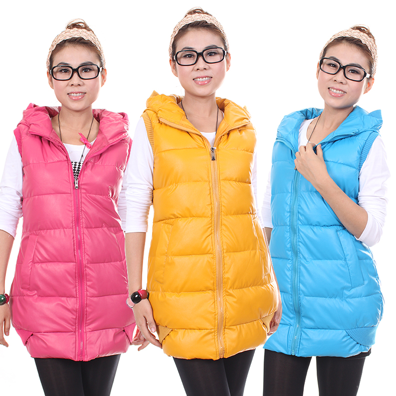 2012 vest leather medium-long with a hood vest cotton vest outerwear female