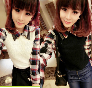 2012 vintage all-match patchwork plaid faux leather double turn-down collar metal top 231