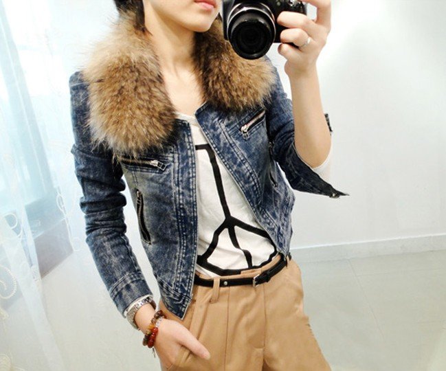 2012 vintage color denim outerwear short design female slim fur collar denim jacket   free shipping 2102