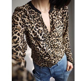 2012 vintage fashion leopard print V-neck loose long-sleeve blouse chiffon S,M,L Free shipping