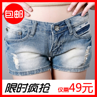 2012 vintage light blue hole plus size denim shorts female shorts