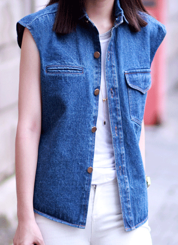 2012 vintage solid color denim buttons single pocket all-match denim vest