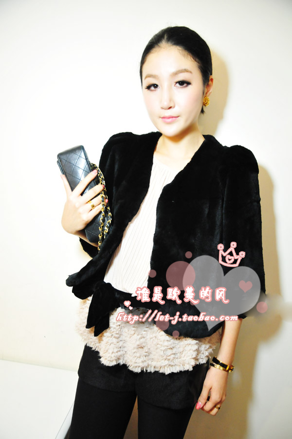 2012 vintage V-neck princess sleeve rex rabbit hair rabbit hair fur coat female