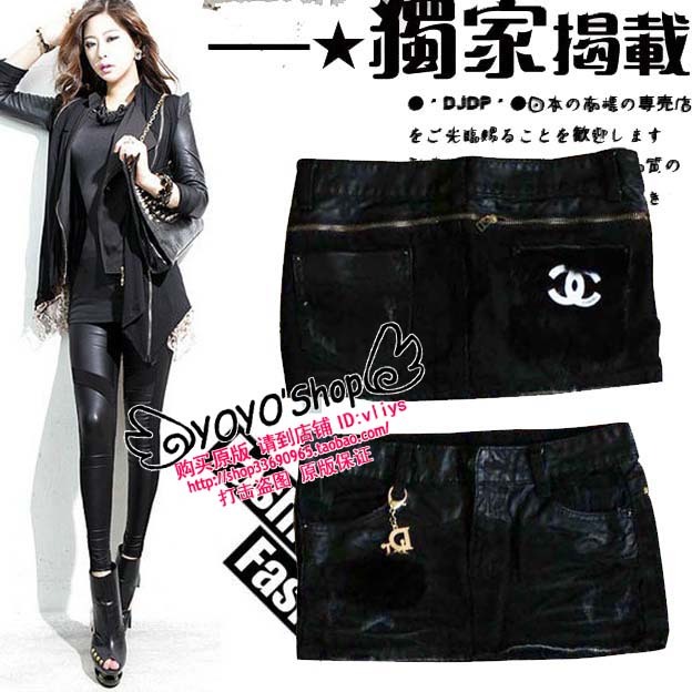 2012 vintage zipper leather patchwork thickening slim black denim short skirt