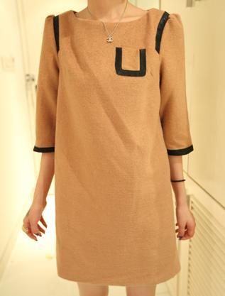 2012 vivi women's autumn and winter woolen leather pocket three quarter sleeve one-piece dress ,Free shipping