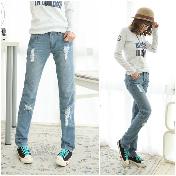 2012 wearing white fashion slim straight jeans female retro finishing casual pants