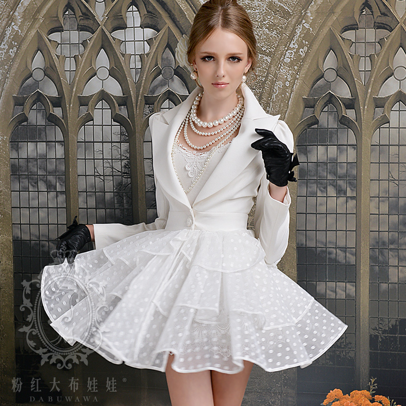 2012 white dot gauze xiangpin multi-layer irregular ruffle large lapel slim waist expansion bottom long-sleeve trench