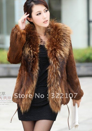 2012 Wholesale Brown Wild Nature Rabbit Fur Outwear With Full Piece Raccoon Fur Collar Long Sleeve Luxury