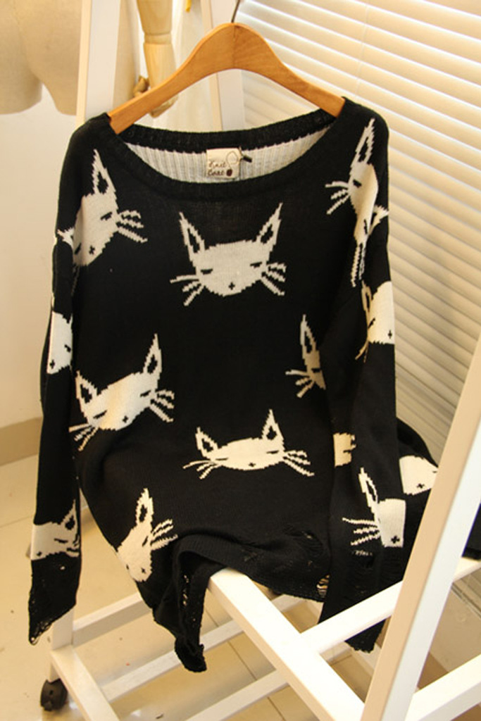 2012 wildfox  cat sweater autumn and winter knitted autumn new arrival small cat owl personality hole cutout sweater