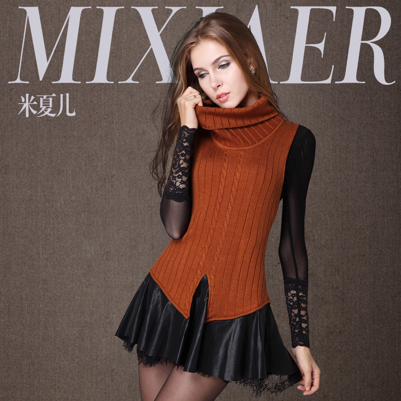 2012 winter all-match pleated involucres lace sweep turtleneck sleeveless tank dress sweater dress long design