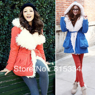 2012 winter berber fleece wool large lapel with a hood cotton-padded jacket slim waist thickening wadded jacket outerwear