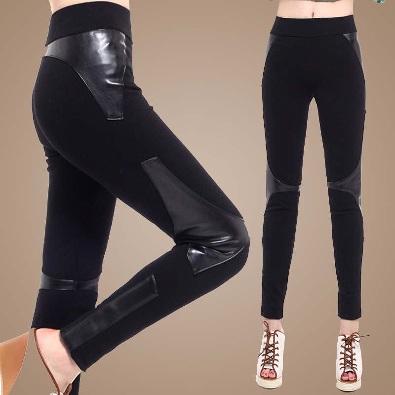 2012 winter black PU faux leather patchwork thickening cloth basic pants slim skinny pants