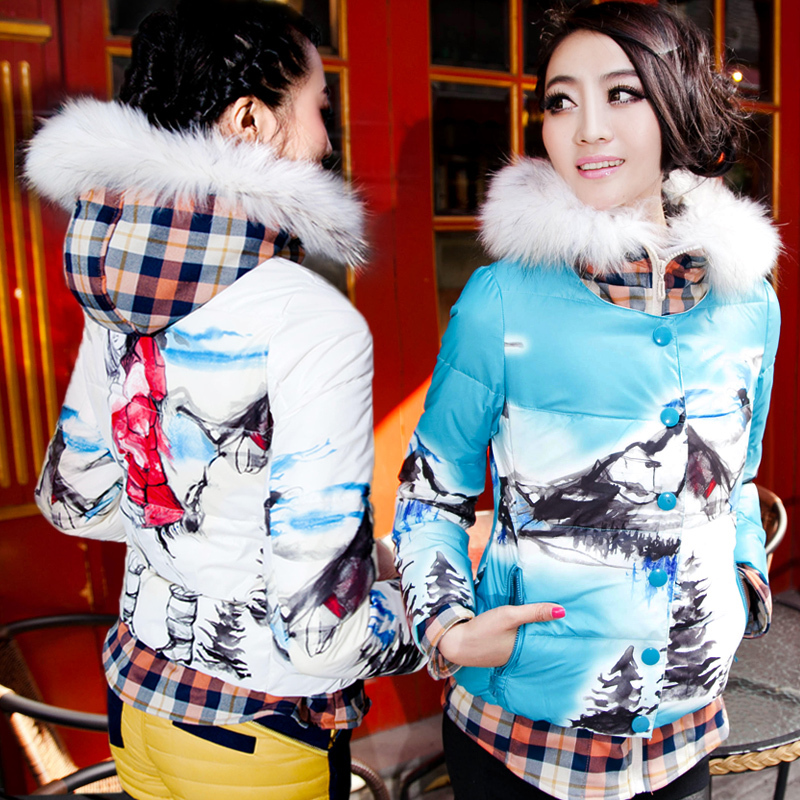 2012 winter classic square grid faux two piece print patchwork with a hood down coat