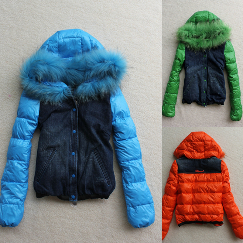 2012 winter denim rabbit fur slim trend fashion short design ladies down coat free shipping