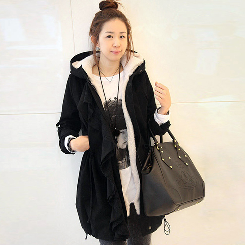 2012 winter double layer ruffle with a hood casual thickening winter wadded jacket overcoat outerwear Army Green