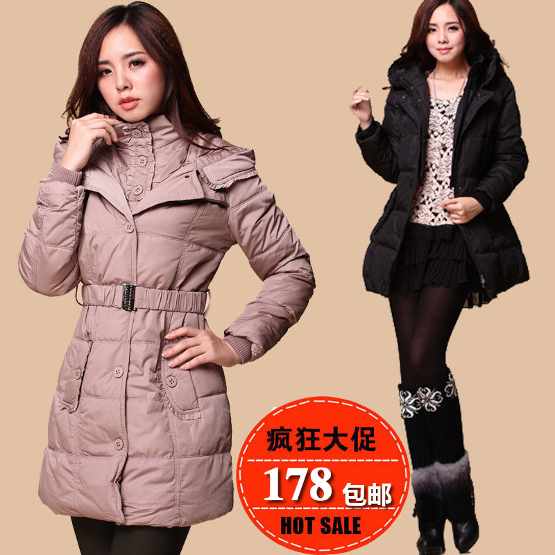 2012 winter down coat medium-long slim formal women's cap white duck down outerwear Free Shipping!