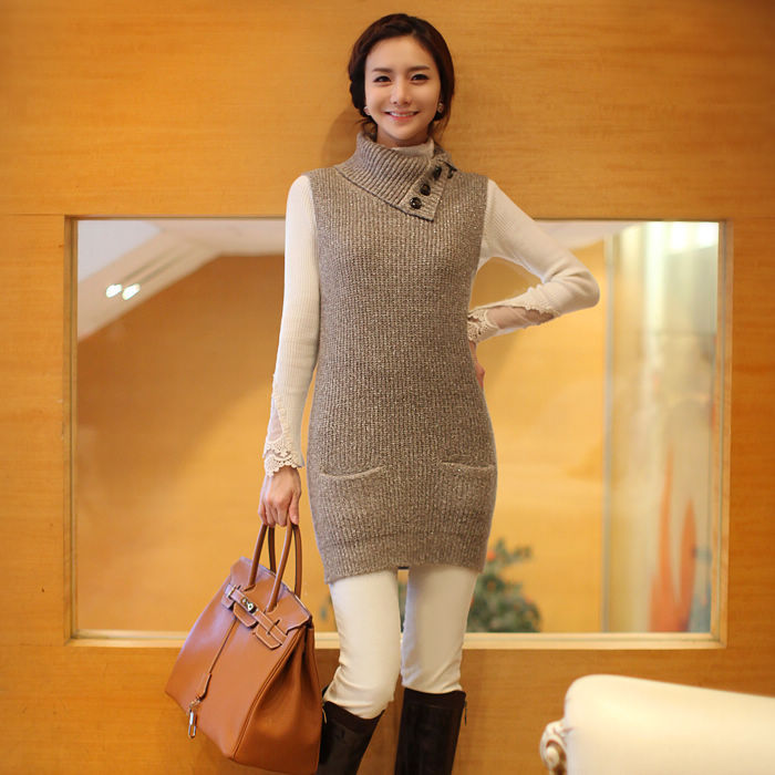 2012 winter elegant button turn-down collar sleeveless straight medium-long sweater women's