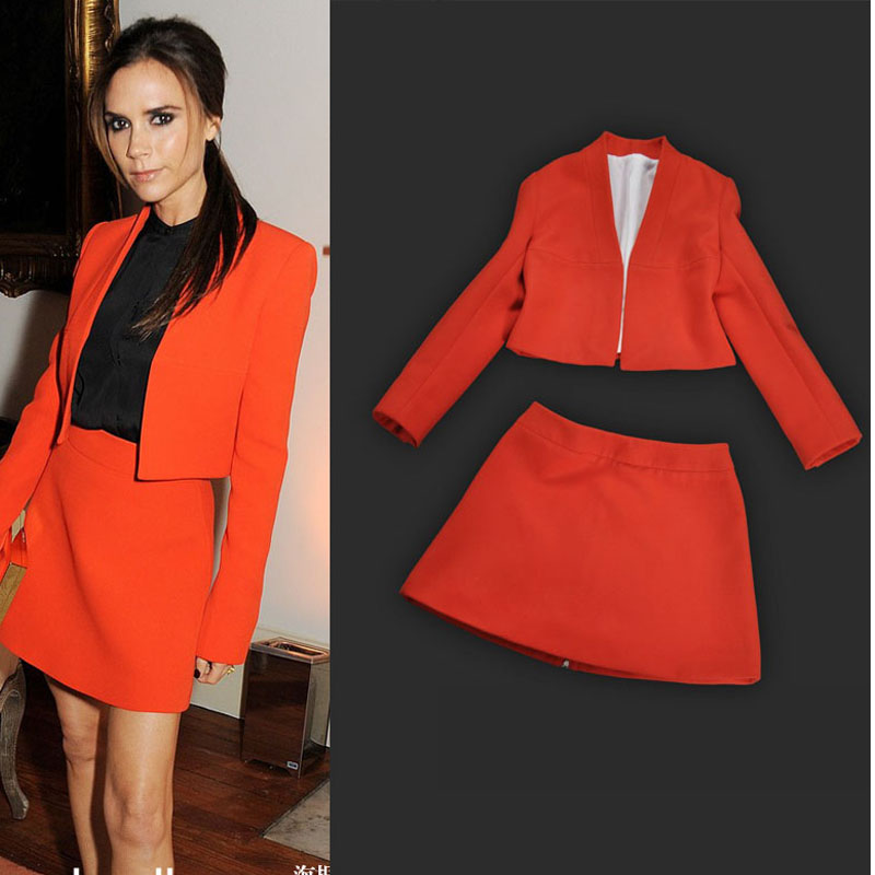 2012 winter elegant woolen set orange short skirt set victoria fashion set dress