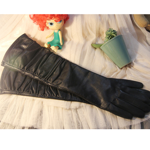 2012 winter excellent lengthen thermal black elegant sheepskin gloves pleated genuine leather women's gloves